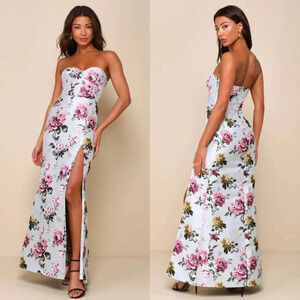 Lulu's Luxe RSVP Light Sage Green Floral Jacquard Strapless Maxi Dress S Wedding